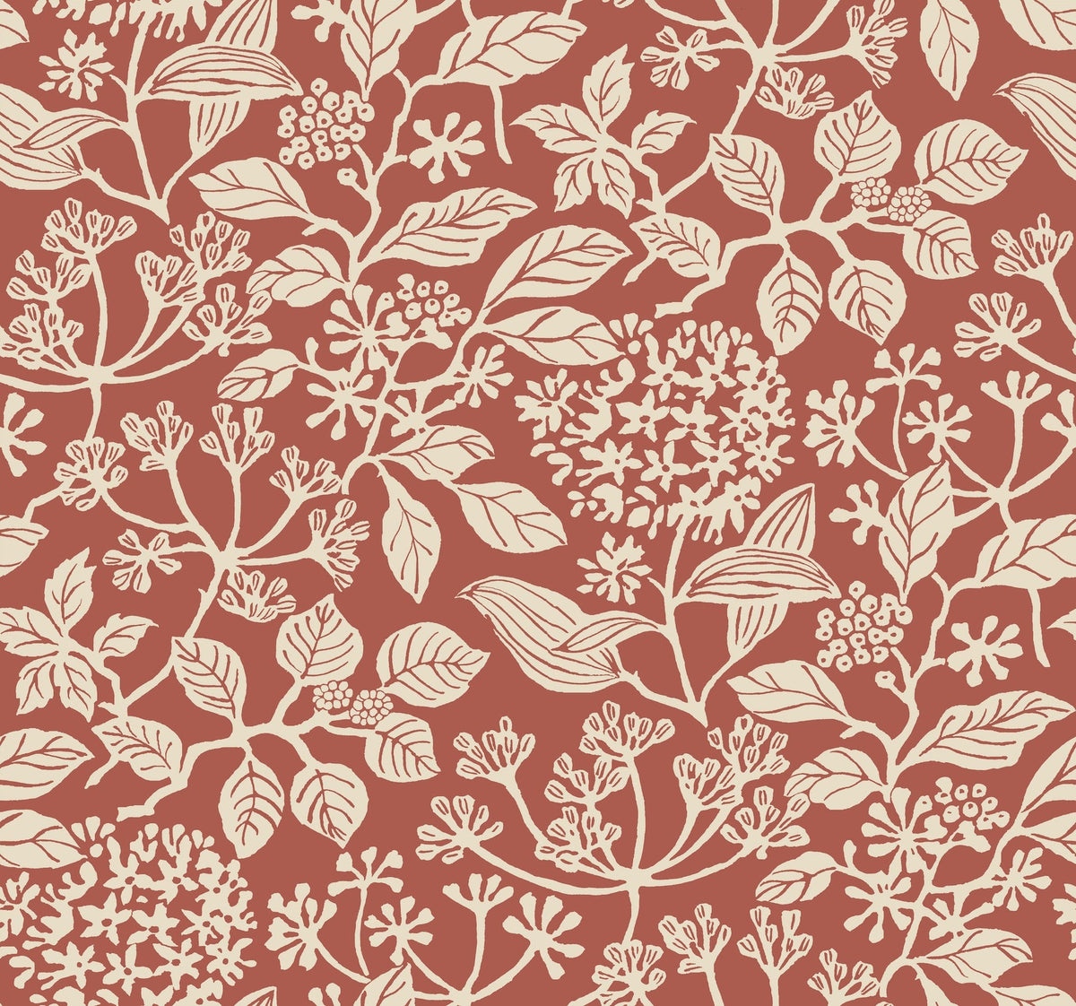 Rowen Botanical Wallpaper by York Wallcoverings features a seamless pattern of detailed beige botanical illustrations—including leaves, flowers, and berries—set against a muted red background. The design repeats evenly for a cohesive look.