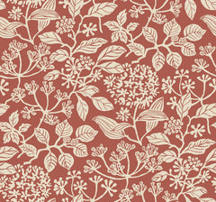 Rowen Botanical Wallpaper by York Wallcoverings features a seamless pattern of detailed beige botanical illustrations—including leaves, flowers, and berries—set against a muted red background. The design repeats evenly for a cohesive look.