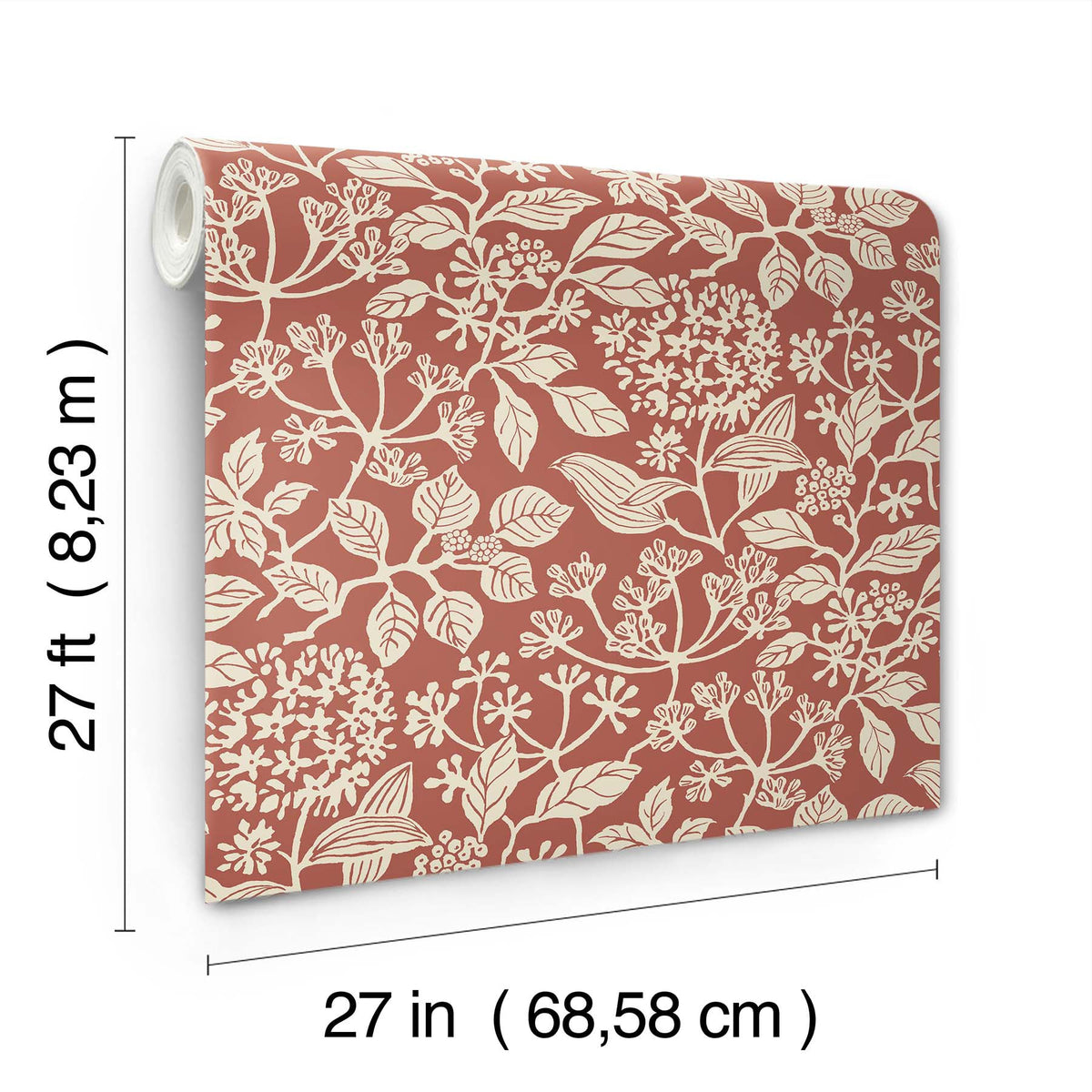 Rowen Botanical Wallpaper by York Wallcoverings features a cream floral pattern on a reddish background and comes in a roll measuring 27 feet (8.23 meters) long by 27 inches (68.58 centimeters) wide.