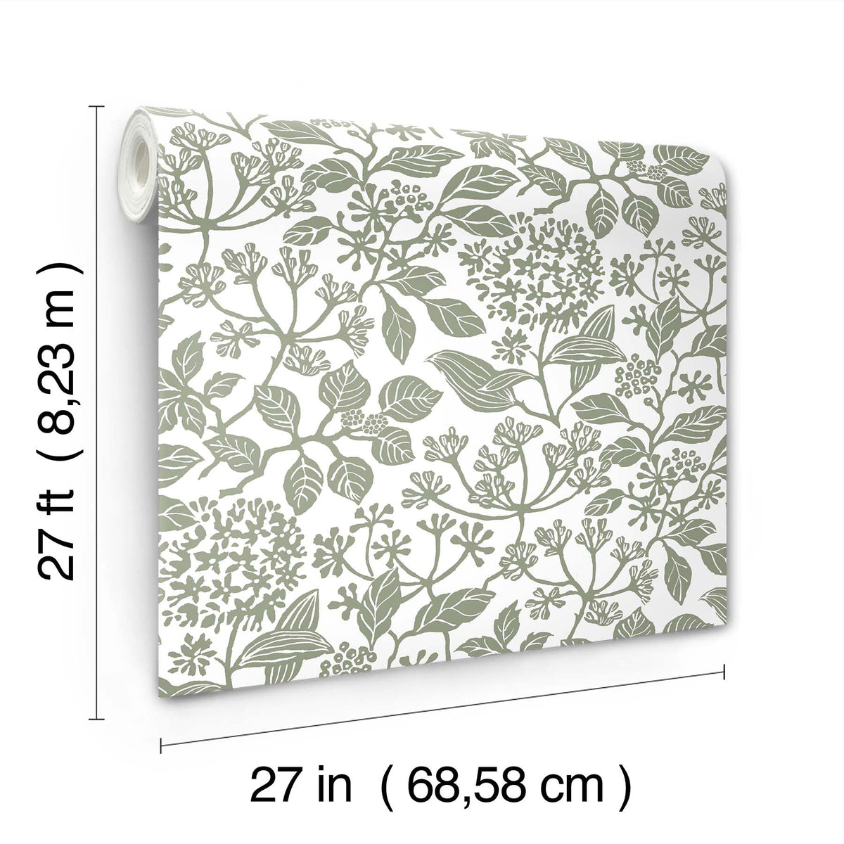 Rowen Botanical Wallpaper by York Wallcoverings features green botanical patterns on a white background. Each roll measures 27 feet (8.23 meters) in length and 27 inches (68.58 cm) in width.
