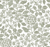 Rowen Botanical Wallpaper by York Wallcoverings showcases an intricate and detailed seamless pattern of green botanical illustrations with various leaves, flowers, and berries on a white background, creating a natural, vintage-inspired look.