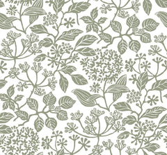 Rowen Botanical Wallpaper by York Wallcoverings showcases an intricate and detailed seamless pattern of green botanical illustrations with various leaves, flowers, and berries on a white background, creating a natural, vintage-inspired look.