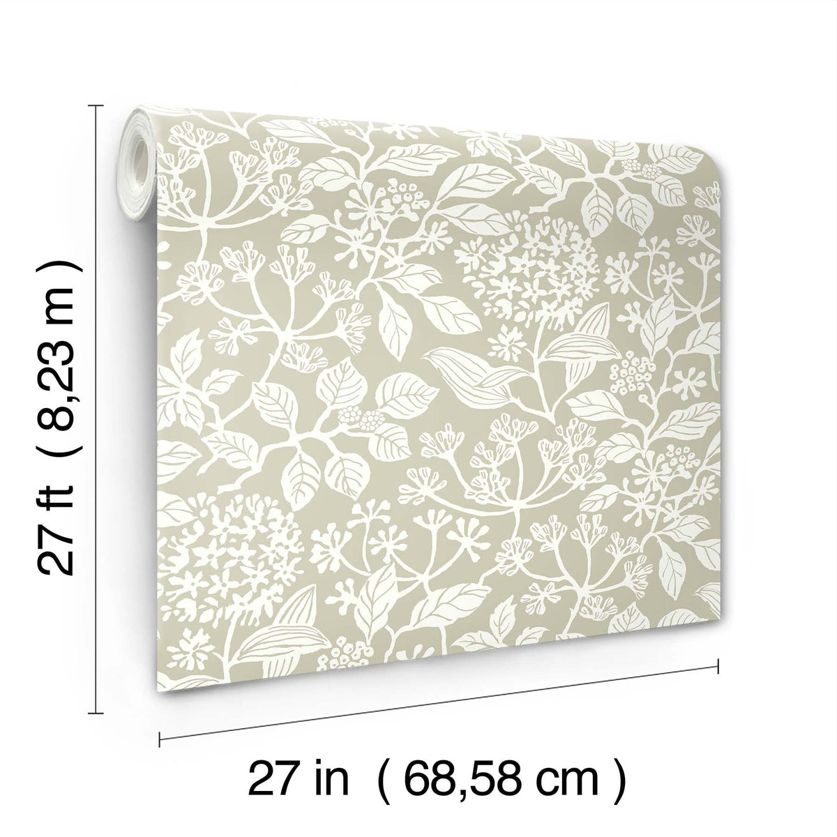 Rowen Botanical Wallpaper by York Wallcoverings in beige, featuring white floral patterns. Each roll measures 27 feet (8.23 m) long and 27 inches (68.58 cm) wide.