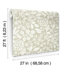 Rowen Botanical Wallpaper by York Wallcoverings in beige, featuring white floral patterns. Each roll measures 27 feet (8.23 m) long and 27 inches (68.58 cm) wide.