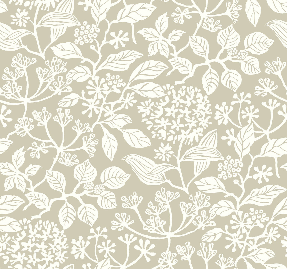 Featuring a seamless pattern of white outlined leaves, flowers, and berries on a light beige background, the Rowen Botanical Wallpaper by York Wallcoverings creates an elegant botanical design.