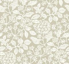 Featuring a seamless pattern of white outlined leaves, flowers, and berries on a light beige background, the Rowen Botanical Wallpaper by York Wallcoverings creates an elegant botanical design.