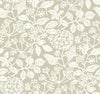 Introducing the Rowen Botanical Wallpaper by York Wallcoverings, featuring an intricate and symmetrical array of white botanical illustrations—leaves, flowers, and berries—set against a beige background. This design evokes a vintage or classic wallpaper style.