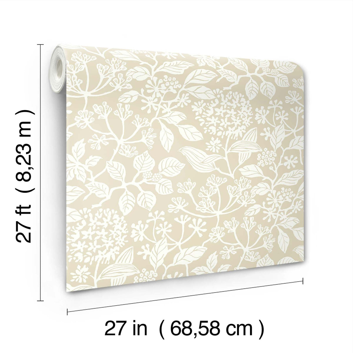 A partially unrolled roll of Rowen Botanical Wallpaper by York Wallcoverings is shown, featuring a beige background with a white floral pattern. Its dimensions are labeled: 27 feet (8.23 meters) long and 27 inches (68.58 centimeters) wide.