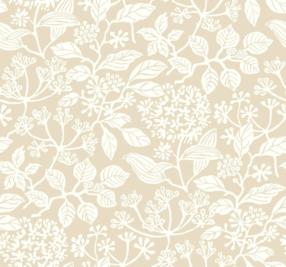 Featuring a seamless beige background adorned with white, hand-drawn botanical illustrations of leaves, flowers, and berries in a repeating pattern, the Rowen Botanical Wallpaper by York Wallcoverings brings natural elegance to any space.