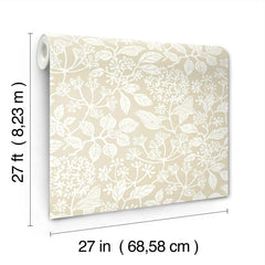 The Rowen Botanical Wallpaper by York Wallcoverings is shown in beige with white floral patterns. The roll measures 27 feet (8.23 m) in length and 27 inches (68.58 cm) in width, displayed with measurement lines.