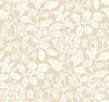 Rowen Botanical Wallpaper by York Wallcoverings features a beige background adorned with a seamless pattern of white, hand-drawn botanical illustrations—including leaves, flowers, and berries. This intricate, repeating design evokes a delicate, vintage wallpaper aesthetic.