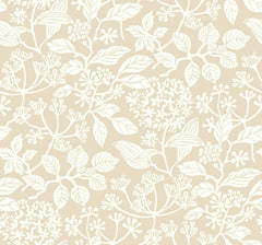 Rowen Botanical Wallpaper by York Wallcoverings features a beige background adorned with a seamless pattern of white, hand-drawn botanical illustrations—including leaves, flowers, and berries. This intricate, repeating design evokes a delicate, vintage wallpaper aesthetic.