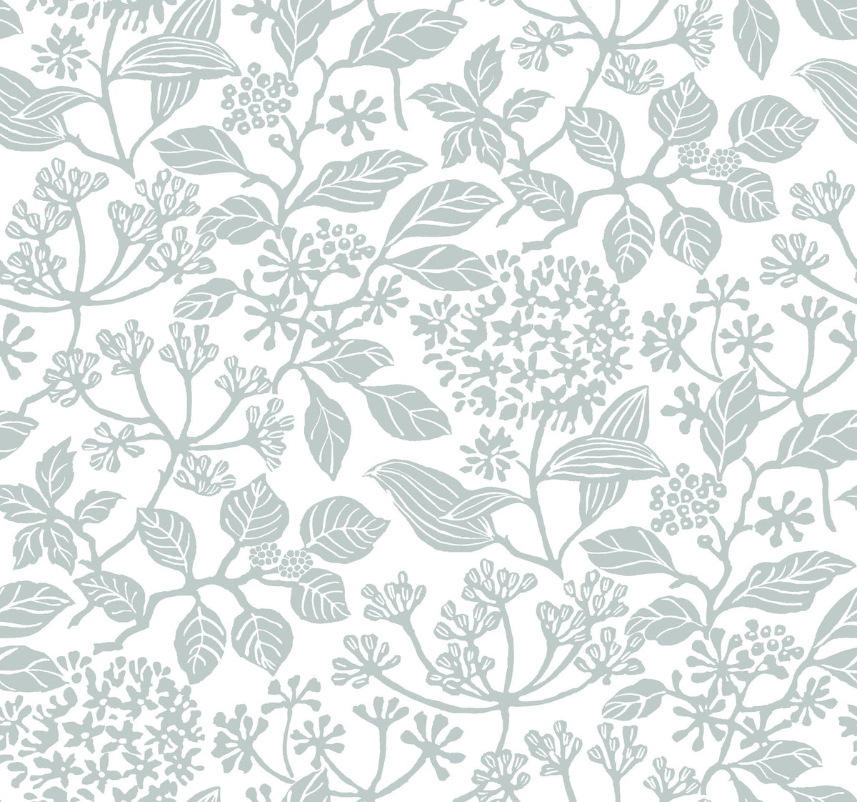 Rowen Botanical Wallpaper by York Wallcoverings features a seamless pattern of delicate light grey botanical illustrations—including various leaves, flowers, and berries—set against a white background. The intricate design creates an elegant, natural, and subtle appearance.