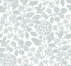 Rowen Botanical Wallpaper by York Wallcoverings features a seamless pattern of delicate light grey botanical illustrations—including various leaves, flowers, and berries—set against a white background. The intricate design creates an elegant, natural, and subtle appearance.