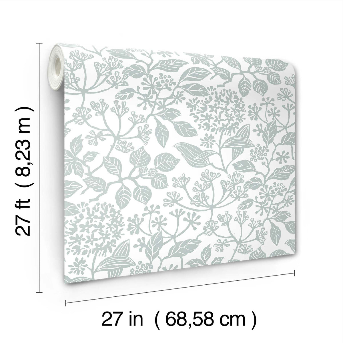 The Rowen Botanical Wallpaper by York Wallcoverings features a gray floral and leaf pattern on a white background. Each roll measures 27 feet (8.23 m) in length and 27 inches (68.58 cm) in width.