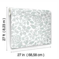 The Rowen Botanical Wallpaper by York Wallcoverings features a gray floral and leaf pattern on a white background. Each roll measures 27 feet (8.23 m) in length and 27 inches (68.58 cm) in width.