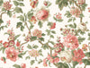Beatrix Vintage Floral Wallpaper by York Wallcoverings features a repeating vintage floral pattern with pink, white, and red roses along with green leaves on a cream background, showcasing blooming flowers and leafy branches.