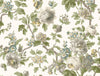 The Beatrix Vintage Floral Wallpaper by York Wallcoverings features a detailed botanical pattern with large white and cream flowers, green leaves, and small blue and yellow blossoms on an off-white background, creating a classic and elegant vintage look.