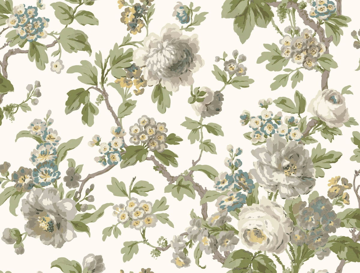 The Beatrix Vintage Floral Wallpaper by York Wallcoverings features a detailed botanical pattern with large white and cream flowers, green leaves, and small blue and yellow blossoms on an off-white background, creating a classic and elegant vintage look.
