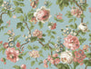 Beatrix Vintage Floral Wallpaper by York Wallcoverings features clusters of blooming peonies and delicate blossoms in pink, white, and blue with green leaves on a light blue background.