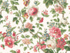 Beatrix Vintage Floral Wallpaper by York Wallcoverings features a vintage botanical pattern of pink, white, and red roses, green leaves, small blue and yellow flowers, and winding branches on a light cream background.