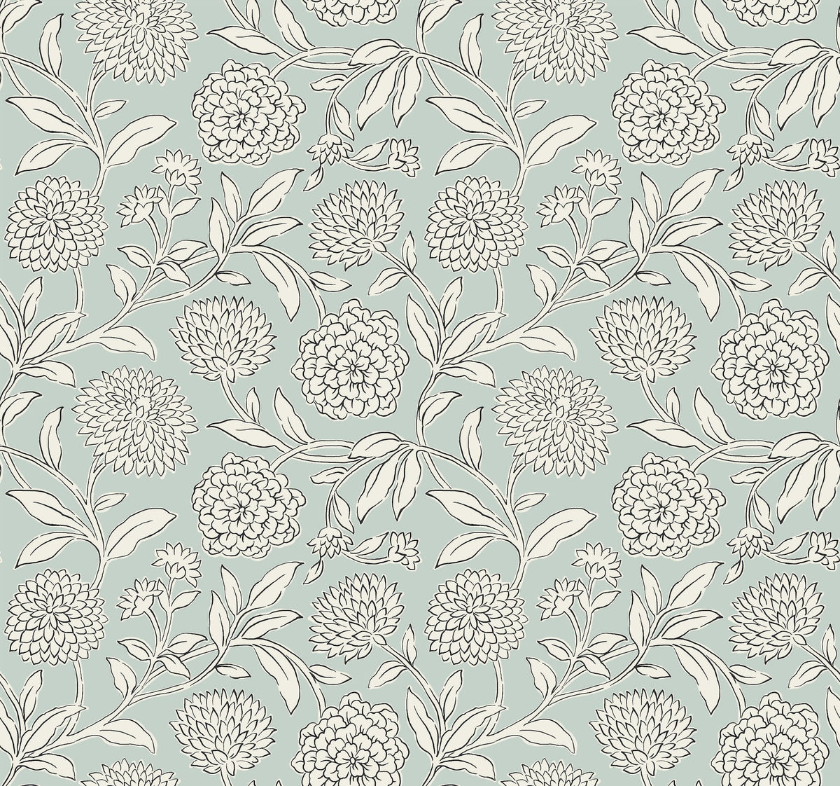 Chatsworth Garden Floral Trail Wallpaper by York Wallcoverings features a seamless pattern of outlined flowers and leaves set against a muted blue-green background. The detailed floral motifs are evenly spaced, lending an elegant and vintage charm to the design.
