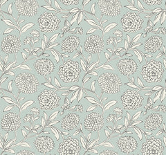 The Chatsworth Garden Floral Trail Wallpaper by York Wallcoverings features a seamless design of outlined flowers and leaves on a muted green background, showcasing various sized blossoms and leafy branches in a vintage, hand-drawn style.