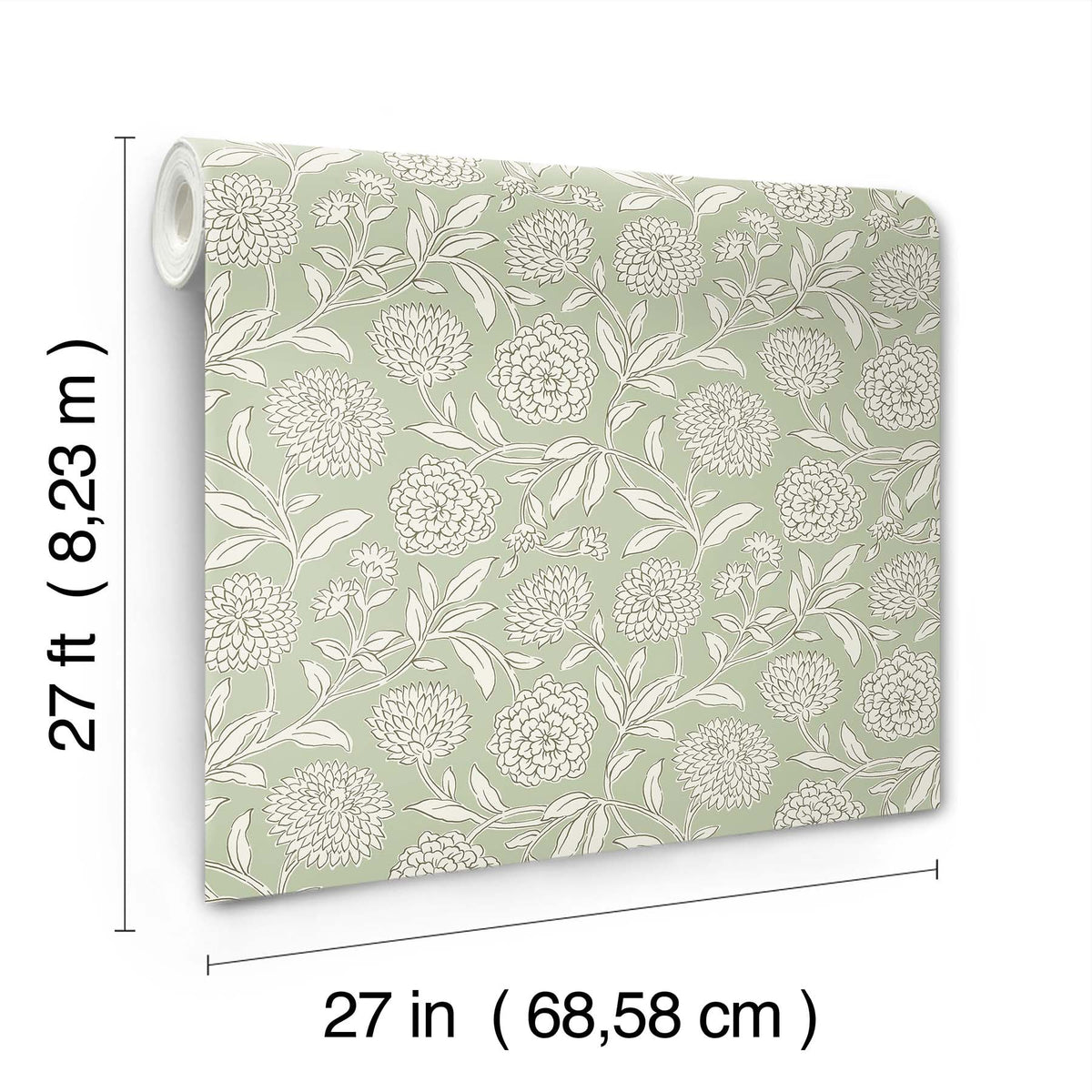 Chatsworth Garden Floral Trail Wallpaper by York Wallcoverings features a floral pattern on a light green background. Each roll measures 27 feet by 27 inches (8.23 meters by 68.58 centimeters).