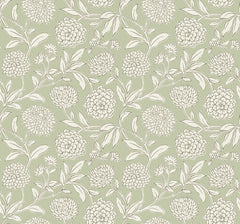 Chatsworth Garden Floral Trail Wallpaper by York Wallcoverings features a seamless floral pattern with white outlined chrysanthemums in various sizes, accompanied by leafy branches, set against a muted green background.
