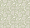 The Chatsworth Garden Floral Trail Wallpaper by York Wallcoverings features a seamless pattern of hand-drawn white flowers and leaves on a muted green background, creating a classic, elegant floral design.