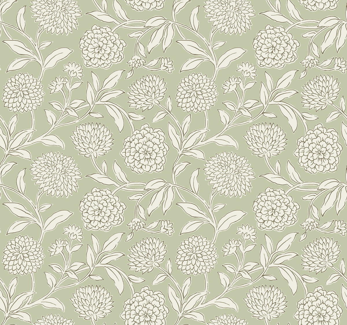The Chatsworth Garden Floral Trail Wallpaper by York Wallcoverings features a seamless pattern of hand-drawn white flowers and leaves on a muted green background, creating a classic, elegant floral design.