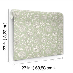 Chatsworth Garden Floral Trail Wallpaper by York Wallcoverings features a pale green background with a white floral pattern. Each roll measures 27 feet (8.23 m) in length and 27 inches (68.58 cm) in width, as indicated by the labeled dimensions in the image.