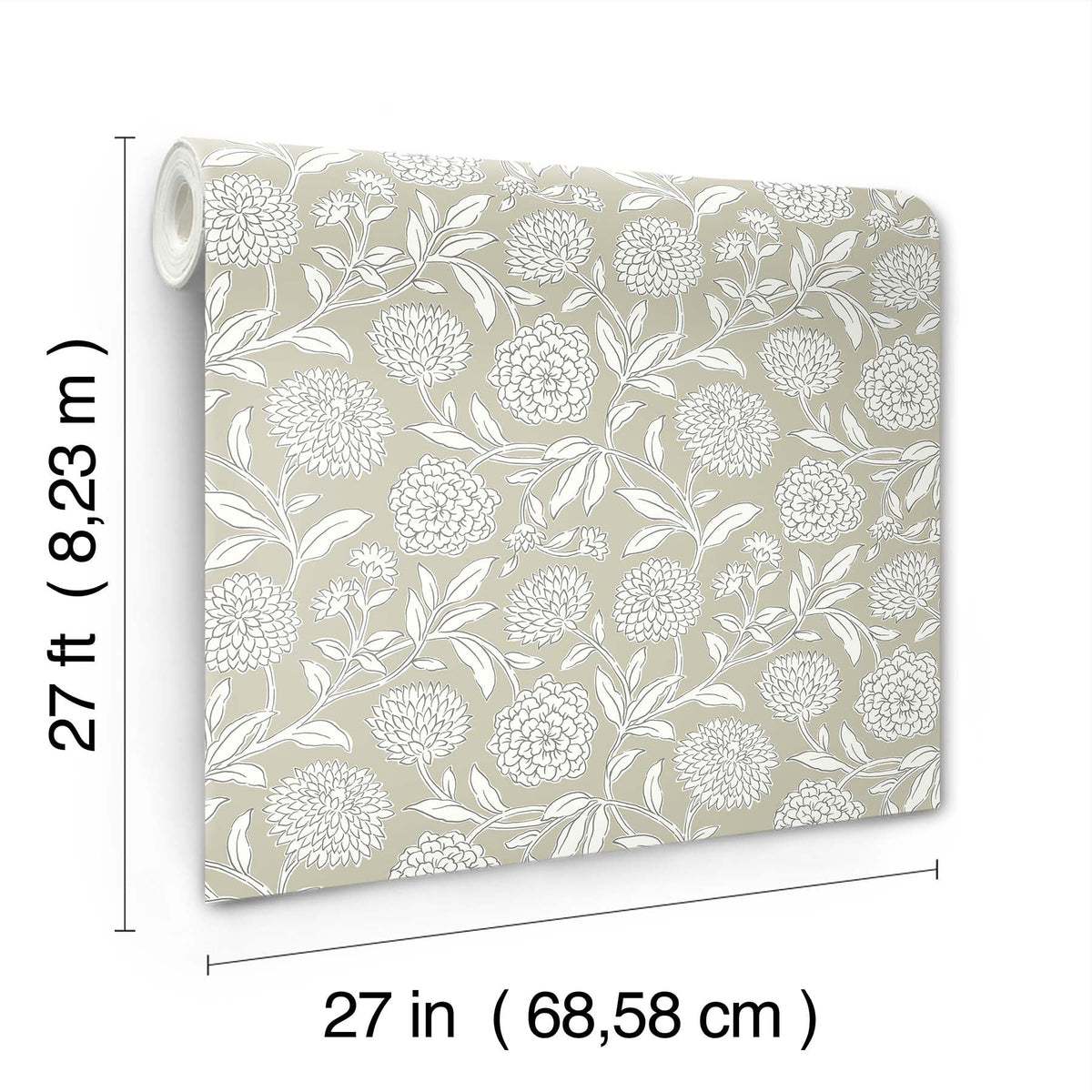 Chatsworth Garden Floral Trail Wallpaper by York Wallcoverings features white floral patterns on a beige background. Each roll measures 27 feet (8.23 m) in length and 27 inches (68.58 cm) in width.