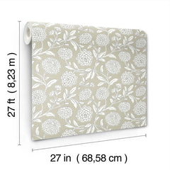 Chatsworth Garden Floral Trail Wallpaper by York Wallcoverings features white floral patterns on a beige background. Each roll measures 27 feet (8.23 m) in length and 27 inches (68.58 cm) in width.