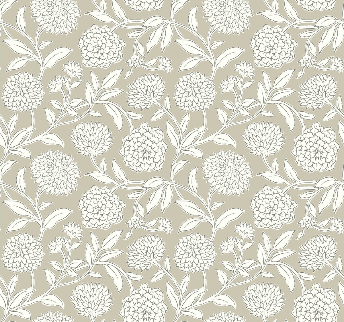 Introducing Chatsworth Garden Floral Trail Wallpaper by York Wallcoverings, featuring a seamless pattern of white outlined flowers and leaves on a light beige background that creates an elegant, repetitive botanical design.