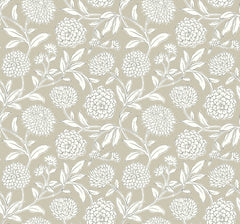 Introducing Chatsworth Garden Floral Trail Wallpaper by York Wallcoverings, featuring a seamless pattern of white outlined flowers and leaves on a light beige background that creates an elegant, repetitive botanical design.