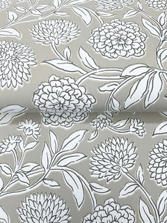 Chatsworth Garden Floral Trail Wallpaper by York Wallcoverings features a white floral pattern with large, detailed flowers and leafy stems set against a light gray background, printed on a textured wallpaper material.