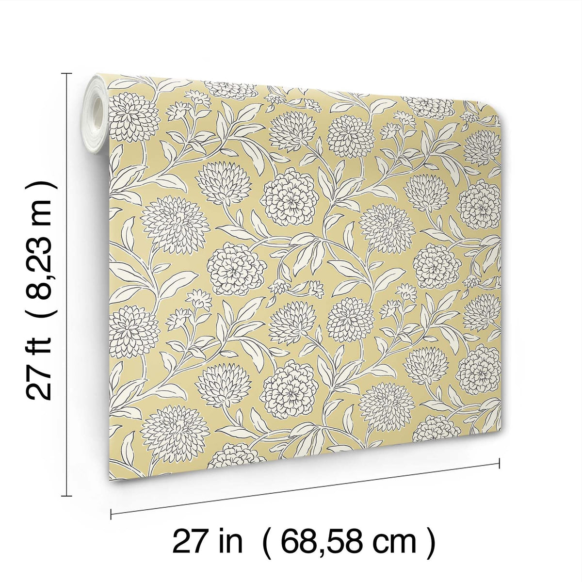Chatsworth Garden Floral Trail Wallpaper by York Wallcoverings features a yellow background with a white floral pattern and comes in a roll measuring 27 feet (8.23 m) in length and 27 inches (68.58 cm) in width.