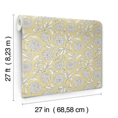Chatsworth Garden Floral Trail Wallpaper by York Wallcoverings features a yellow background with a white floral pattern and comes in a roll measuring 27 feet (8.23 m) in length and 27 inches (68.58 cm) in width.