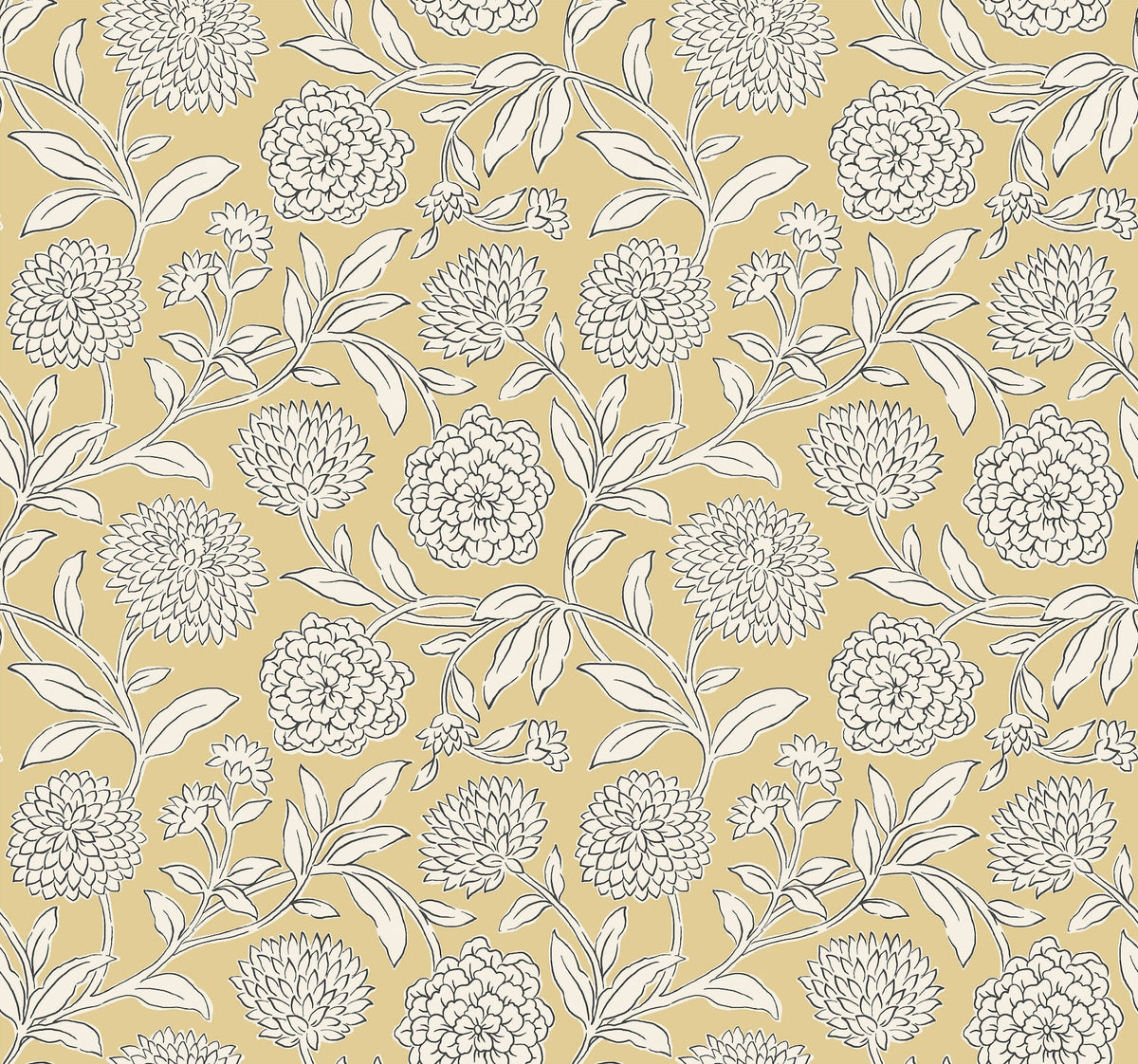 Introducing the Chatsworth Garden Floral Trail Wallpaper by York Wallcoverings, featuring a seamless pattern of white outlined blooming flowers with intricate petals and leafy stems, all arranged in a decorative, repeating style on a mustard yellow background.