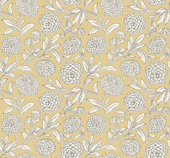 Introducing the Chatsworth Garden Floral Trail Wallpaper by York Wallcoverings, featuring a seamless pattern of white outlined blooming flowers with intricate petals and leafy stems, all arranged in a decorative, repeating style on a mustard yellow background.