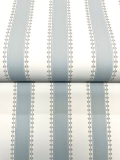 Tilford Awning Stripe Wallpaper by York Wallcoverings features vertical stripes in pale blue and white, accented by thin lines with a small repeating motif for a simple, classic look.
