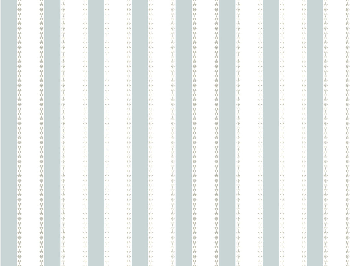 Vertical blue and white stripes alternate across the Tilford Awning Stripe Wallpaper by York Wallcoverings. The white stripes feature a subtle dotted pattern, while the blue stripes are solid and evenly spaced throughout.