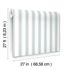 The Tilford Awning Stripe Wallpaper by York Wallcoverings features vertical blue and white stripes and comes in a roll measuring 27 feet (8.23 m) long and 27 inches (68.58 cm) wide.