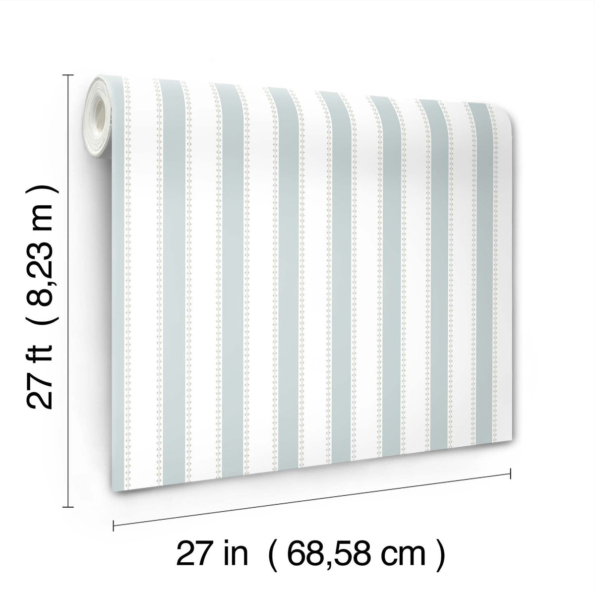 Tilford Awning Stripe Wallpaper by York Wallcoverings features vertical blue and white stripes and comes in a roll measuring 27 feet (8.23 meters) in length and 27 inches (68.58 centimeters) in width, with measurements provided in both imperial and metric units.