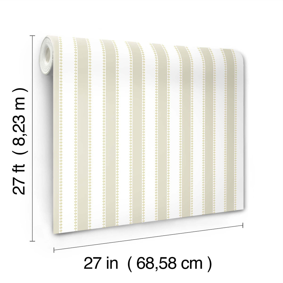 The Tilford Awning Stripe Wallpaper by York Wallcoverings is displayed, featuring beige and white vertical stripes and measuring 27 feet (8.23 m) in length and 27 inches (68.58 cm) in width.