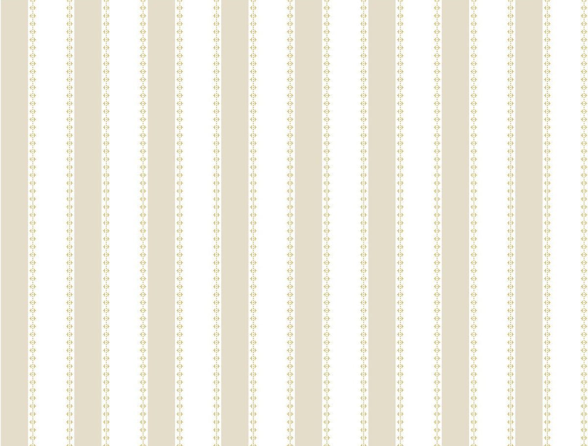 The Tilford Awning Stripe Wallpaper by York Wallcoverings features vertical beige and white stripes accented with delicate yellow floral designs between the wider beige bands, offering an elegant and classic aesthetic.