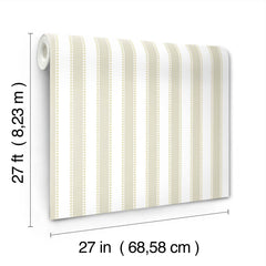 The Tilford Awning Stripe Wallpaper by York Wallcoverings features vertical beige and white stripes and comes in a roll measuring 27 feet (8.23 meters) long and 27 inches (68.58 cm) wide.