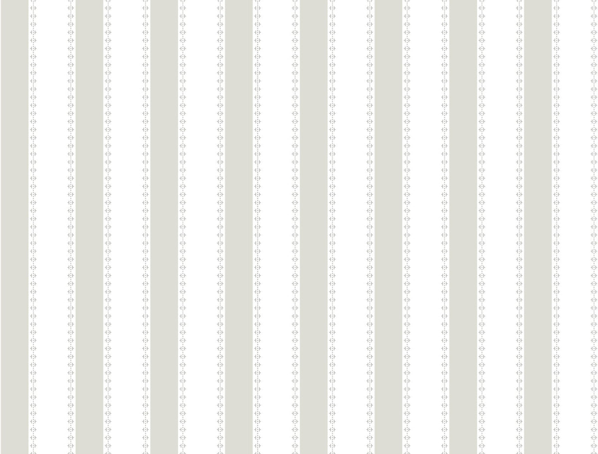 Tilford Awning Stripe Wallpaper by York Wallcoverings features a repetitive and symmetrical pattern of vertical stripes, alternating wide light gray bands with narrower white stripes. Within the white stripes, small circular motifs are evenly arranged in uniform rows.