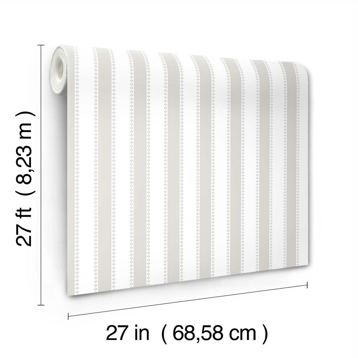 Introducing the Tilford Awning Stripe Wallpaper by York Wallcoverings, featuring vertical gray and white stripes and measuring 27 feet (8.23 m) in length and 27 inches (68.58 cm) in width per roll.
